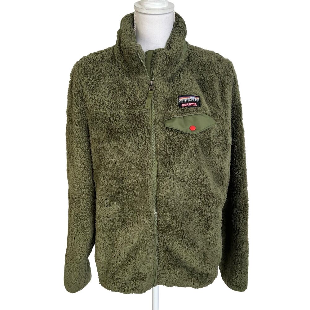 Gerry Jacket Women Snap Medium Green Furry Cozy Zip Up Pockets Hi-Pile Fleece